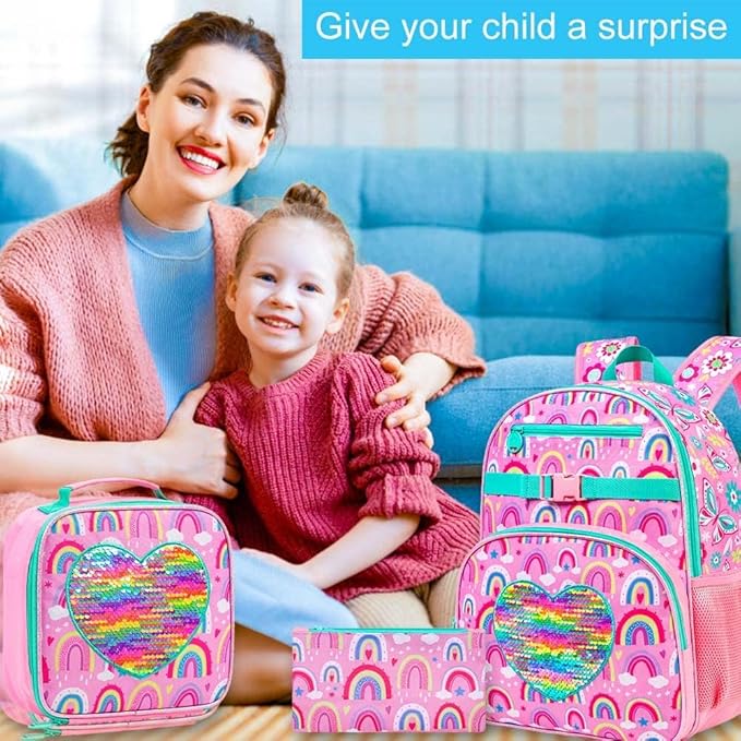 3pcs Girls Backpack, 16" Rainbow Sequin Bookbag with Lunch Box, Kids School Backpacks for Elementary Kindergarten Preschool(Pink)