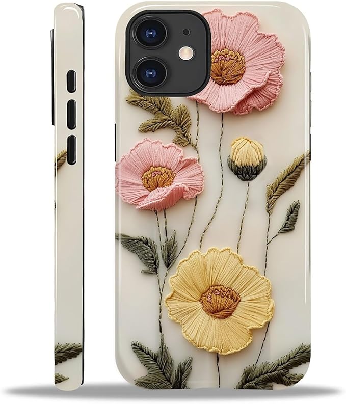 Case for iPhone 11 Case,Faux Embroidery Boho Floral Design - Hybrid Dual Protection Silicone + Hard PC Shockproof Full Body Cover Slim Anti-Scratch Protective Case for Men Women