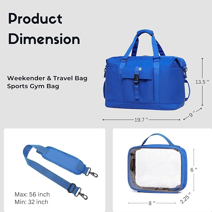 SUNNY BIRD Duffel with Utility Pouch, 40L Weekender Overnight Bag with Shoe Compartment for Travel and Sports (Blue)