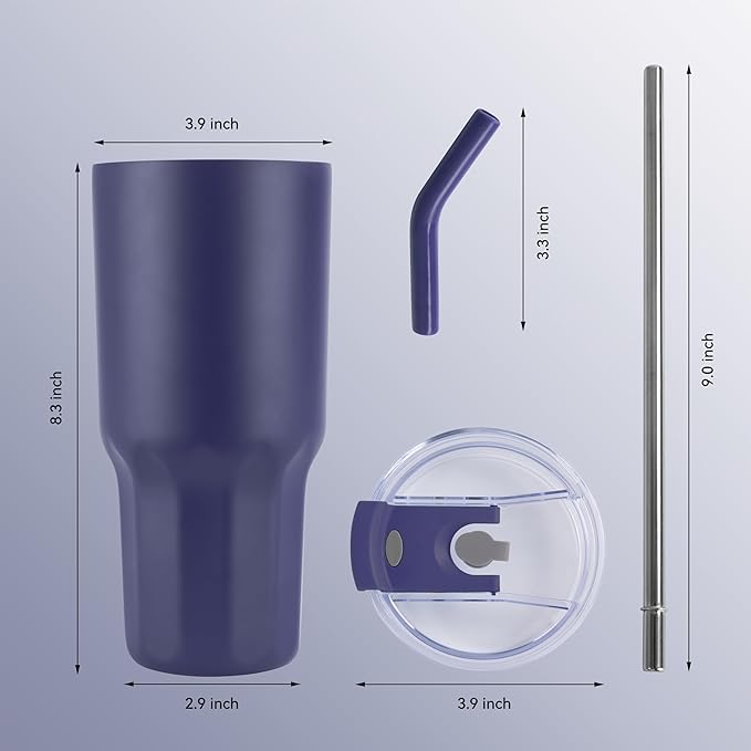 VEGOND 30 oz Insulated Stainless Steel Tumblers with lid and straw Bulk Pack Double Wall Vacuum Coffee Mug with Non-Slip Silicone Base, Sweat Proof Powder Coated Cup for Hot Cold Drinks, Navy 8Pack