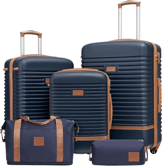 Coolife Suitcase Set 3 Piece Luggage Set Carry On Travel Luggage TSA Lock Spinner Wheels Hardshell Lightweight Luggage Set(Navy, 5 piece set)