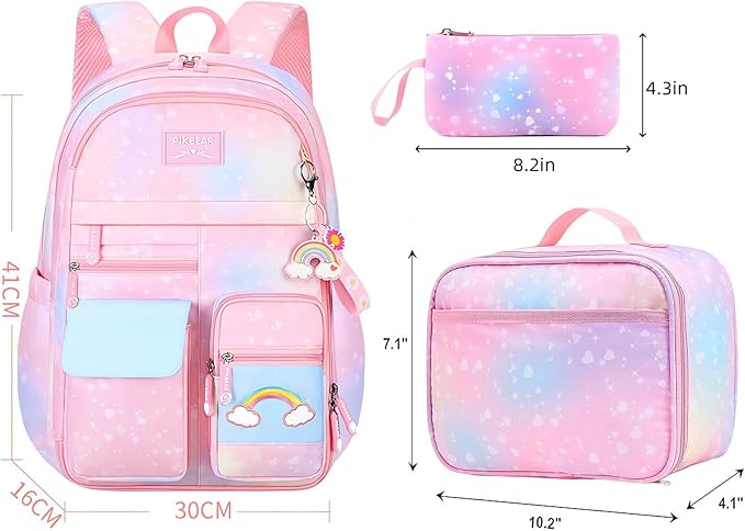 Girl Backpack for School Kids, Pink Cute Bookbag with Lunch Box Rainbow Elementary School Bag Pencil Case (Purple,3Pcs Set)