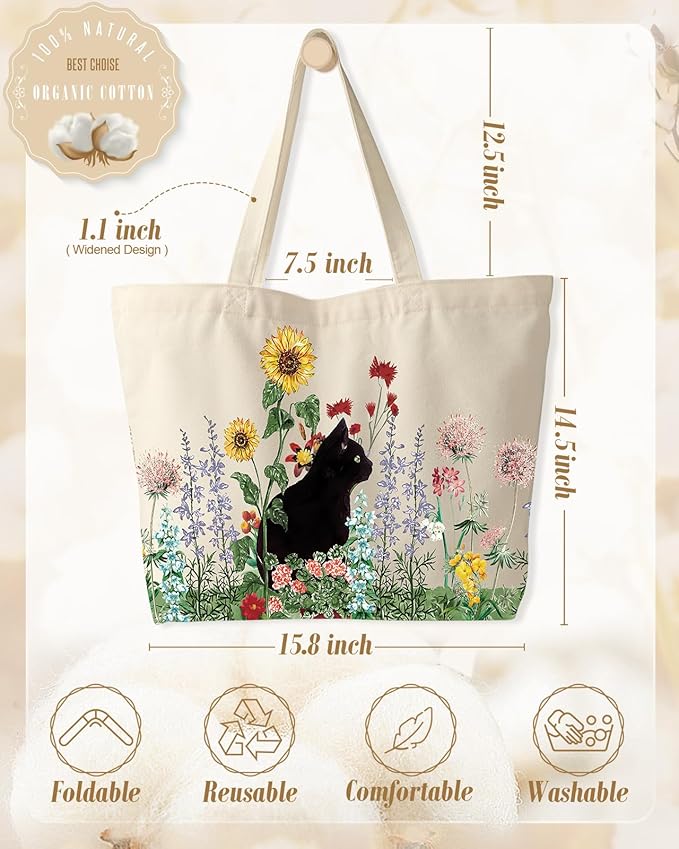 Large Tote Bag for Women - Canvas Tote Bag with Zipper Aesthetic Reusable Shoulder Bag for Gym, Travel, Work