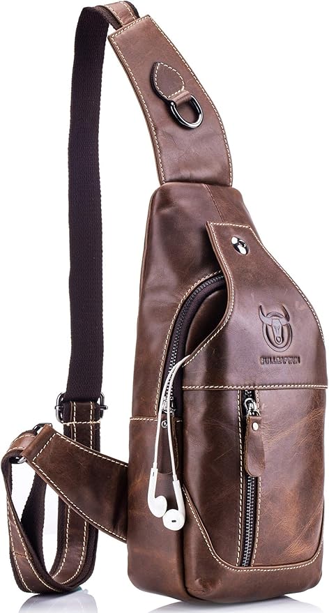 BULLCAPTAIN Genuine Leather Men Sling Crossbody Bag Multi-pocket Chest Bag Casual Travel Hiking Sling Backpack with Earphone Hole (Brown)