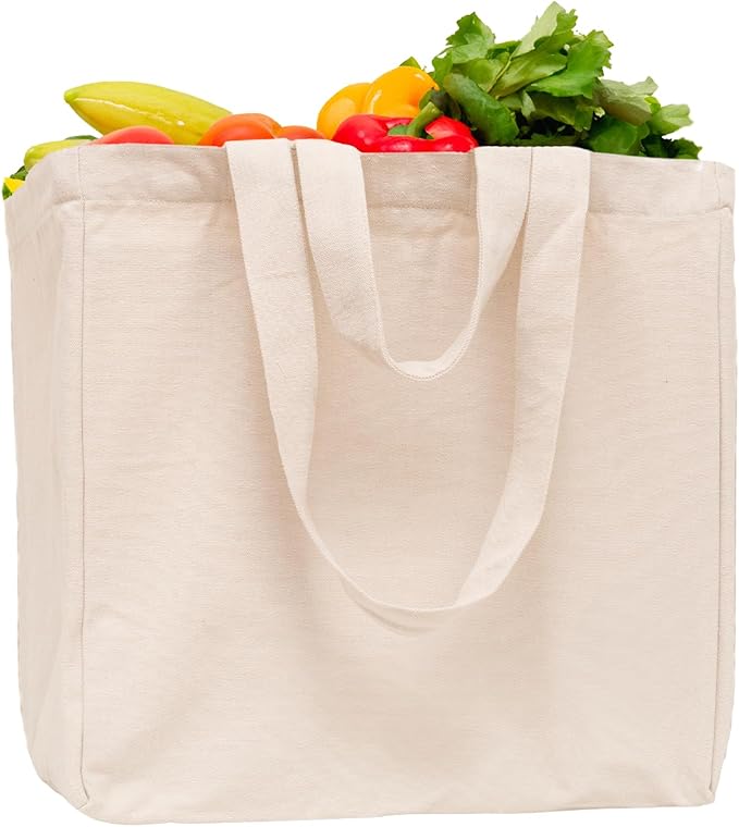 Heavy Duty Grocery Tote Bag - Extremely Sturdy Extra Large Canvas Grocery Bag with Double Handles and Real Pockets - Premium Quality, Reusable, Washable and Foldable Cotton Cloth Grocery Bag (1 Bag)