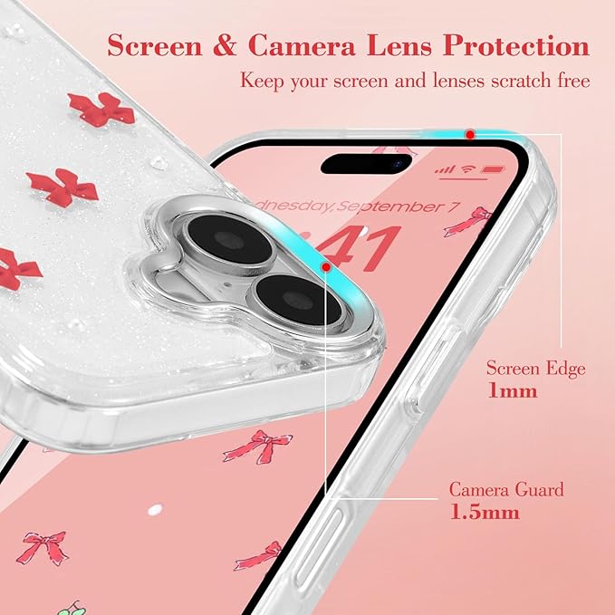 EYZUTAK Case for iPhone 16, Bling Glitter 3D Bowknot Phone Case Cute Sparkly Crystal Clear Bow Aesthetic Design Case Slim Soft Durable TPU Transparent Protective Cover for Women Girl - Red Bow