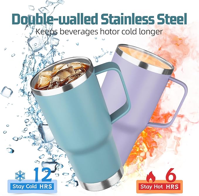 20 oz Tumbler with Handle Stainless Steel Insulated Coffee Mug Tumbler with Lid and Straw Double Wall Vacuum Insulated Coffee Mug Leak Proof Travel Tumbler for Hot and Cold Drink(Azure Blue,4pack)