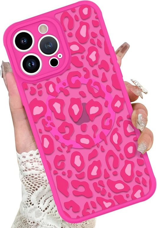 KANGHAR Case for iPhone 14 Pro Hot Pink Leopard Printed Pattern Cute Cheetah [Compatible with Magsafe] Protective Magnetic Case for Girls Women 6.1"