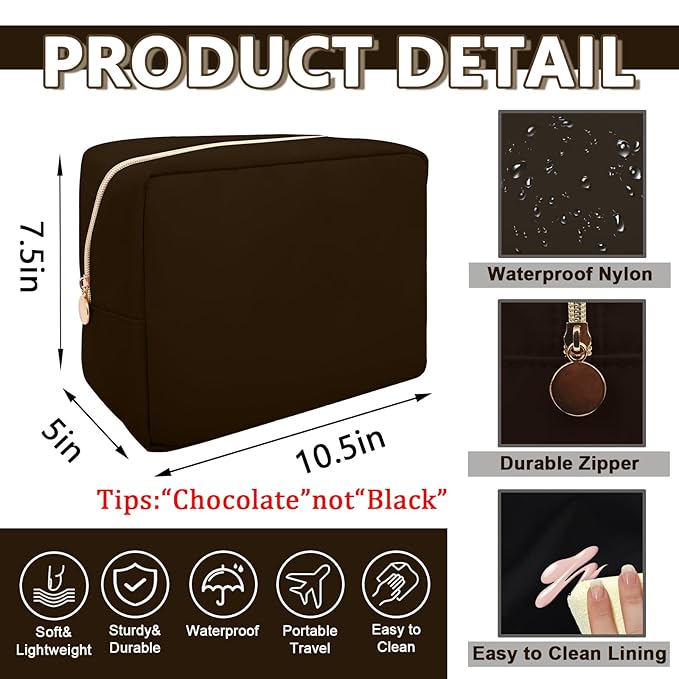 Large Makeup Bag Pouch,Nylon Women Travel Toiletry Storage Bag Preppy Cosmetic Bag for Girls,Big Makeup Organizer Bag Cute Zipper Pouch Skincare Bag for Sport Work Gift(Large-Chocolate)