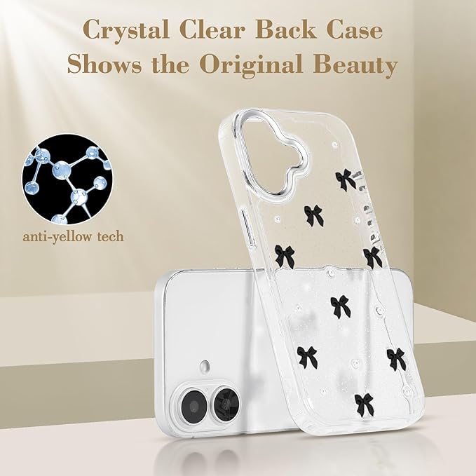 EYZUTAK Case for iPhone 16 Plus, Bling Glitter 3D Bowknot Phone Case Cute Sparkly Crystal Clear Bow Aesthetic Design Case Slim Soft Durable TPU Transparent Protective Cover for Women Girl - Black Bow