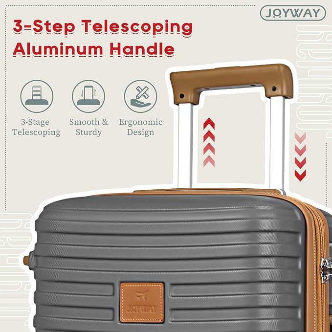 Joyway Expandable 24 Inch Luggage with Spinner Wheels, Lightweight Hard Shell Medium Checked Suitcase, 3 Piece Luggage Sets with TSA Lock, Grey