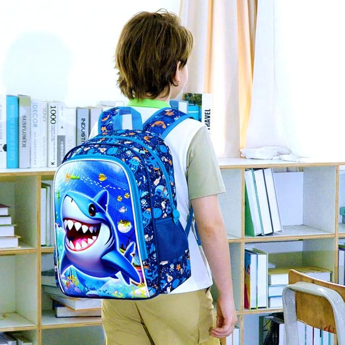16" Shark Backpack for Boys, 3Pcs Kids Bookbag with Lunch Box, School Backpacks for Elementary Preschool Kindergarten (Blue)