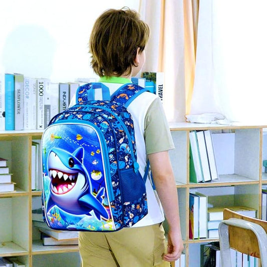 16" Shark Backpack for Boys, 3Pcs Kids Bookbag with Lunch Box, School Backpacks for Elementary Preschool Kindergarten (Blue)