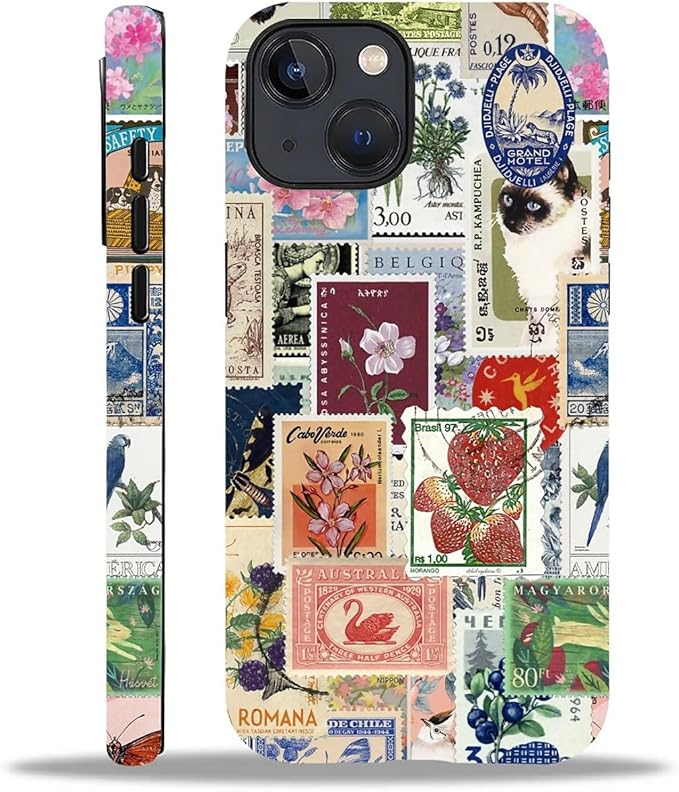 Case for iPhone 14 Plus,Vintage Stamp Collage for Woman Men Full Body Protective Cover Shockproof 2 in 1 Silicone + Hard PC Case for iPhone 14 Plus