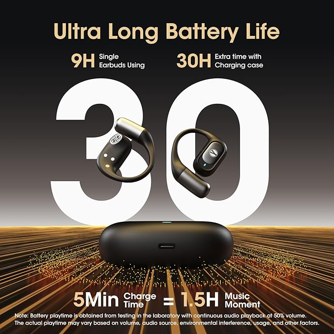 Open Ear Headphones, Bluetooth 5.4 Wireless Headphones with Earhook, Stereo Sound by Runway-Type Speaker, 3 EQ Modes, 48H Play, Lightweight, Comfort Wireless Earbuds for Running Sport Workout (Black)