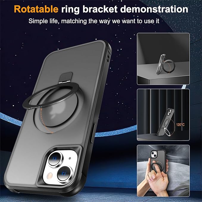 Compatible with iPhone 15 Plus Case with Invisible Magnetic O-Ring Stand Military-Grade Translucent Case for iPhone 15 Plus 6.7" [Compatible with Mag-Safe][Great Grip Feeling], Black