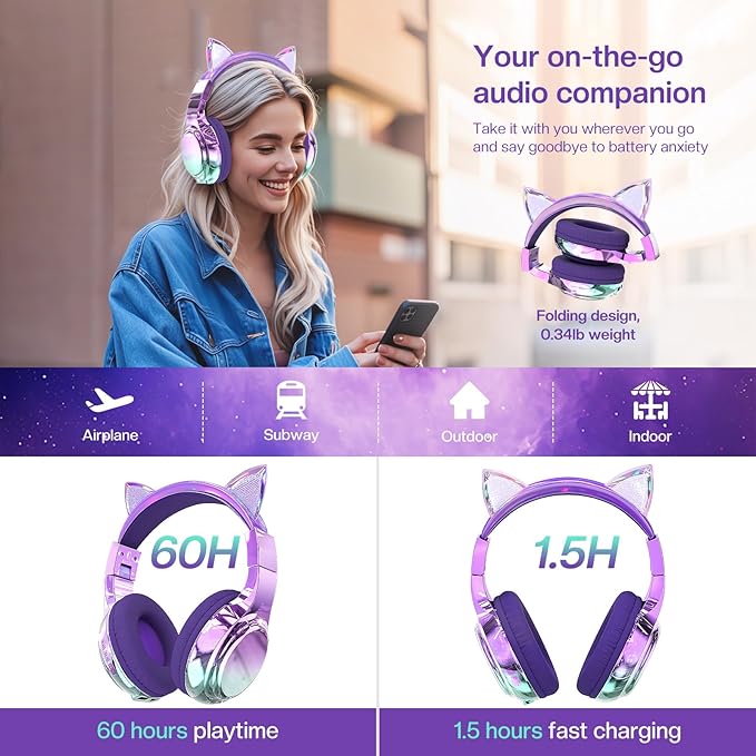 QearFun Kids Cat Ear Bluetooth Headphones, 60H Playtime, 74/85/94dB Safe Volume Limit, Metallic Gradient Wireless Headset with Mic, Fast Charging, Foldable, Wired Mode for Girls School/Tablet/Travel