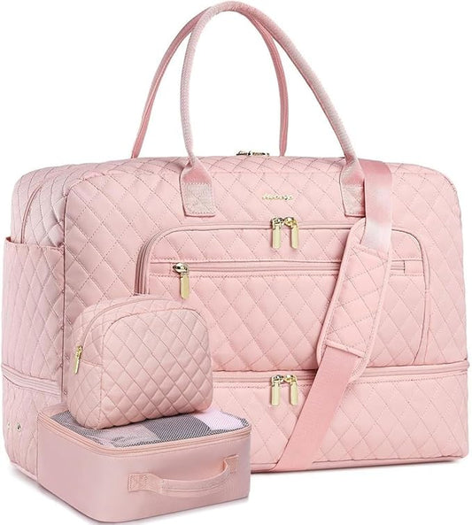 Large Women Travel Duffle Bag - Carry on Overnight Bag Weekend Travel Duffel Tote Gym Bag with Wet Pocket Toiletry Weekender Overnight Bag for Travel Business Trips Sports Hospital Pink 3 Pcs Set