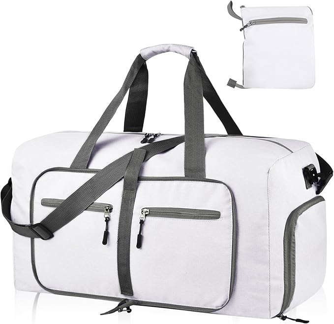 Dimayar 65L Travel Duffle Bag for Men Women - Foldable Duffel Bag with Shoes Compartment - Overnight Bags Waterproof & Tear Resistant(White)