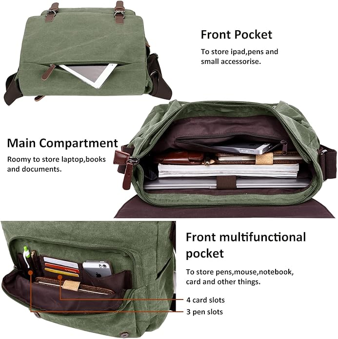 Canvas Messenger Bag for Men Women,Travel Satchel Shoulder bag 15.6 Inch Laptop Bag briefcase Business