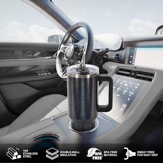 40 oz Shiny Tumbler with Handle and Straw,Stainless Steel Tumbler with Lid and Straw,Insulated Travel Mug(Cold for 34 Hours),Water Bottle for Iced Tea,Coffee (Black)