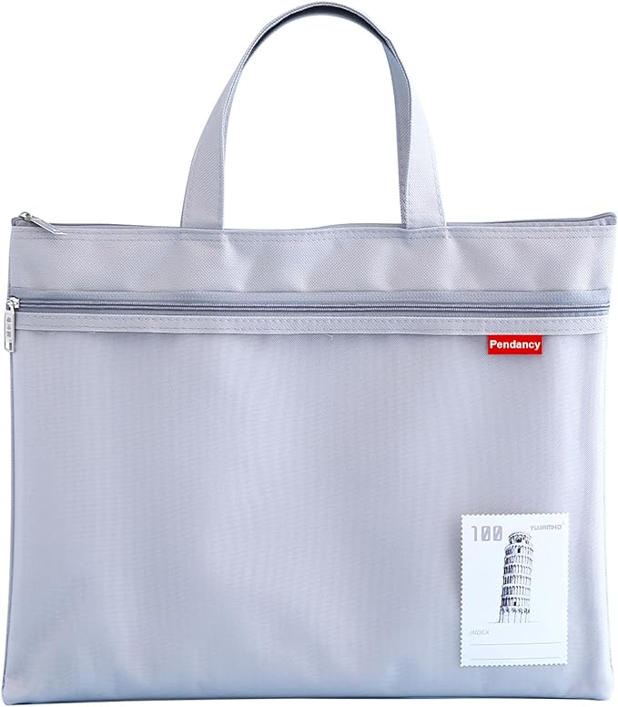 Pendancy Mesh Zipper Pouch 11x13.7 in, Large Double Pocket Waterproof File Bag with Handle, A4 Size Foldable Document Storage for Puzzle Project/Cross Stitch/Travel/Office（Gray）