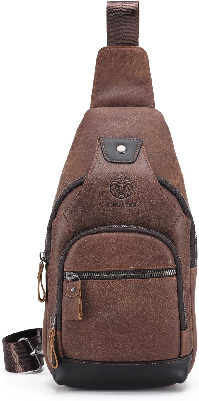 LUKZIJAES Genuine Leather Sling Bag for Men Crossbody Bags Man Shoulder Chest Pack Hiking Casual Daypack Outdoor Travel Backpack (#1-Coffee)