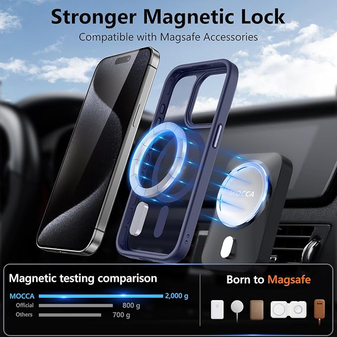 MOCCA Strong Magnetic for iPhone 15 Pro Case, [Compatible with Magsafe][13FT Military Drop Protection] Slim Translucent Matte Shockproof Case for iPhone 15 Pro Phone Case 6.1'', Deep Blue