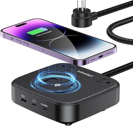 67W Charging Station for Multiple Devices, 6-in-1 Desktop Power Hub with Wireless Charger for iPhone, 2AC Outlets, 1 USBA, 2 USBC 45W Fast Charging for iPad Samsung Android Devices, Black
