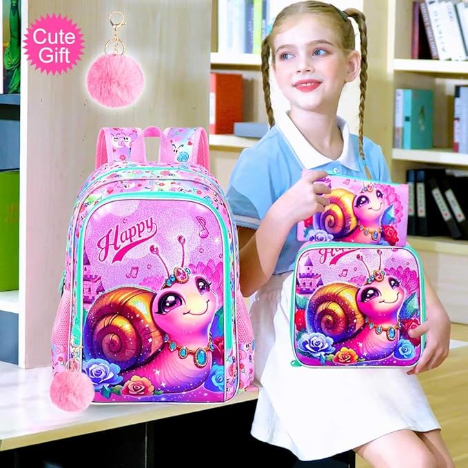 16" Backpack for Girls, 16" Kids Bookbag with Lunch Box，Snail School Backpacks for Elementary Preschool Kindergarten (Pink)