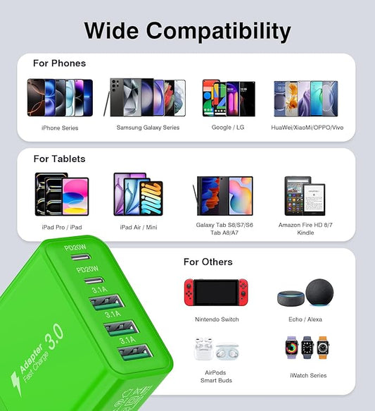 [2-Pack] USB C Wall Charger, 50W Fast USB C Charger Block, 5-Port PD Power Adapter + QC Wall Plug Multiport Type C Charging Block Cube Compatible with iPhone 16 15 14 13 12 11 Pro Max XR XS, Green