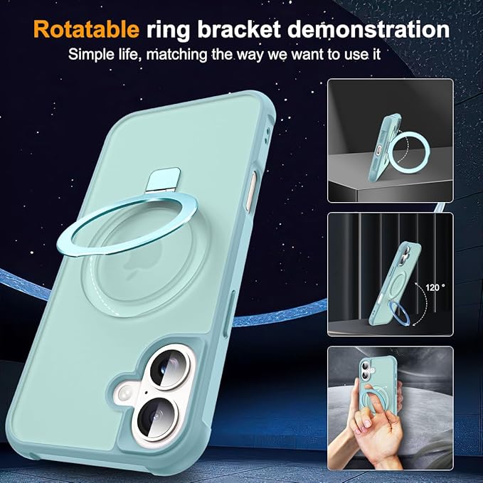 Compatible with iPhone 16 Plus Case with Invisible Magnetic O-Ring Stand Military-Grade Translucent Case for iPhone 16 Plus 6.7" [Compatible with Mag-Safe][Great Grip Feeling], Blue