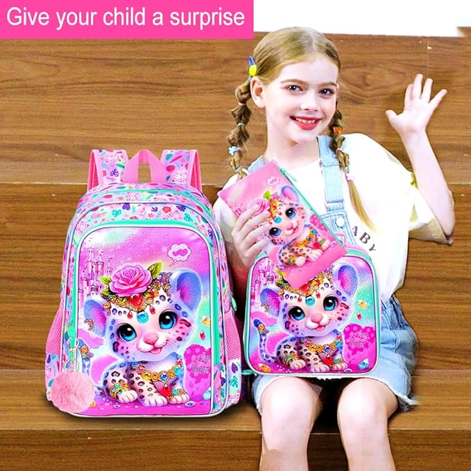 3Pcs Backpack for Girls, 16" Leopard Kids Bookbag for Elementary Preschool Kindergarten, School Backpacks with Lunch Box(Pink)
