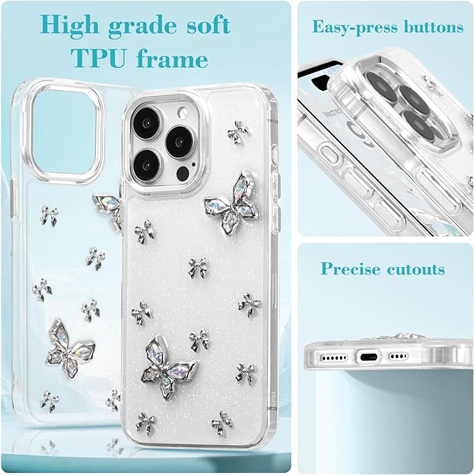 EYZUTAK Case for iPhone 15 Pro, Bling Glitter 3D Butterflies Bowknot Phone Case Cute Crystal Clear Bow Aesthetic Case Slim Soft Durable TPU Transparent Protective Cover for Women Girls - Butterfly