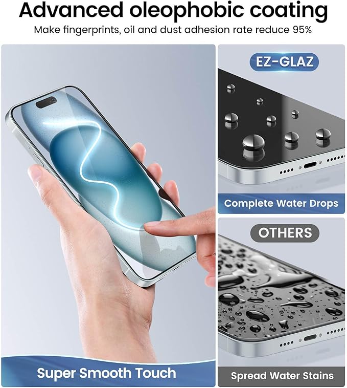 EZ-GLAZ-4 Pack iPhone 15 Plus Privacy Screen Protector(6.7'') With [2 Pcs Camera Lens Protector], Anti-Spy, 9H Hardness, Drop-Resistant, Case Friendly, Anti-Scratch & EZ-To-Install Tempered Glass