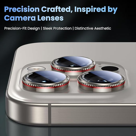 Uyiton for iPhone 17 Pro Max/17 Pro/16 Pro Max/16 Pro/15 Pro Max/15 Pro/14 Pro Max/14 Pro Camera Lens Protector - Military-Grade Tempered Glass Metal Camera Cover, Easy to Install, Gearwheel Gray+Red