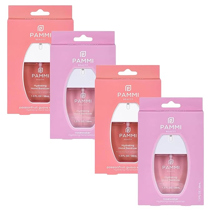 PAMMI Hand Sanitizer Spray Travel Size - Mini Scented Hand Sanitizer Spray Quicky Dry, Pocket Scented Hand Saniztier - 600-Sprays (4 Packs (2 Rose and 2 Guava))