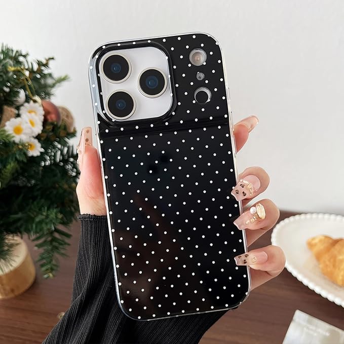 Compatible with iPhone 17 Pro Case, Fashion Cute Aesthetic Polka Dot Phone Case for Women, Shockproof Slim Soft TPU and Hard PC Protective Phone Cover for iPhone 17 Pro 6.3", Black