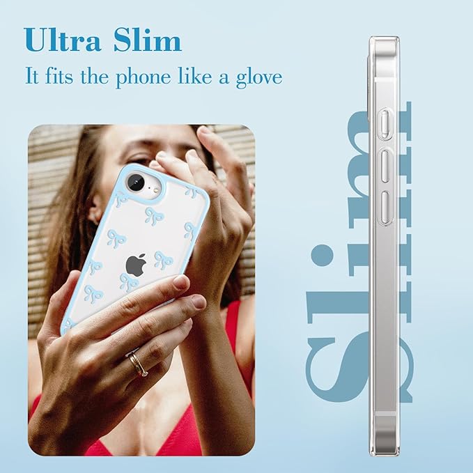 EYZUTAK Case for iPhone 16e, Clear Cute Ribbon Bowknot Pattern Aesthetic Transparent Phone Case Raised Camera Protection Stylish Slim Soft Durable TPU Protective Cover for Women Girls - Blue