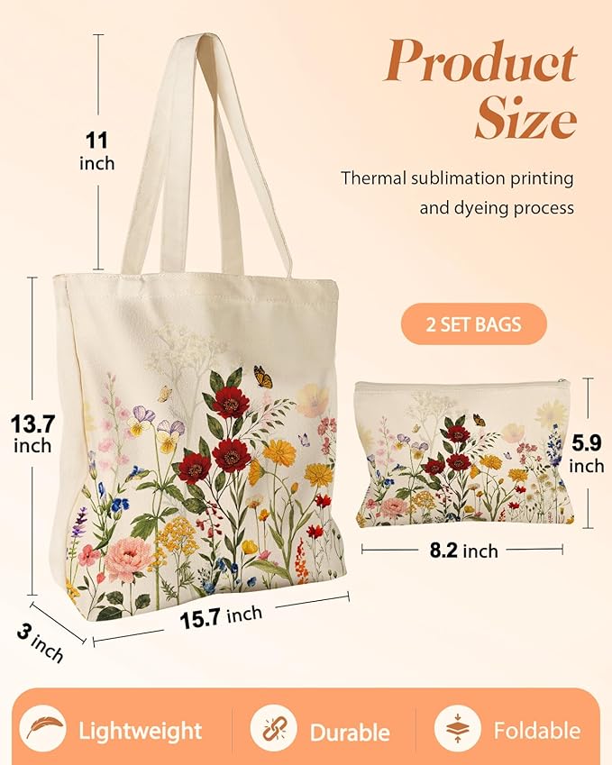 2 Pack Canvas Tote Bag - with Makeup Pouch Aesthetic Cute Women Reusable Canvas Bag for Shopping, Work, Travel