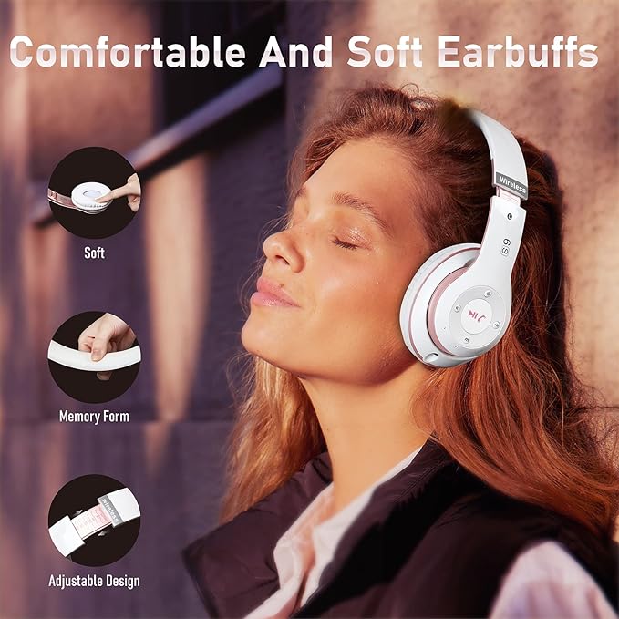 Bluetooth Headphones Over Ear, 6S Foldable Wireless Headphones with 6 EQ Modes, 40 Hours Playtime HiFi Stereo Headset with Mic, Soft Ear Pads, TF/FM for Cellphone/PC/Home (White & Rose Gold)