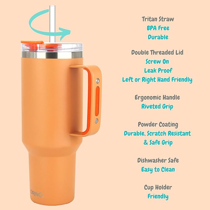 Drinco 40oz 30 oz Tumbler with Handle, Straw Lid, Insulated Stainless Steel Travel Mug Water Bottle Ice Coffee Cup For Cold and Hot, BigSur (30oz, Cantaloupe)