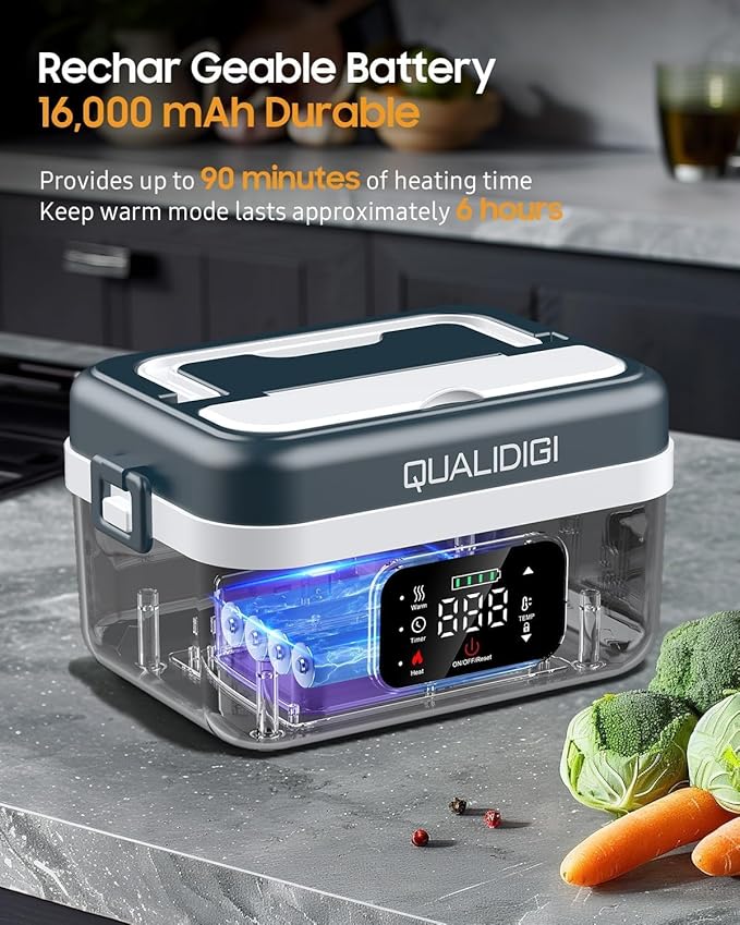 Cordless Electric Lunch Box for Adults, Rechargeable 16000mAh Battery Powered, 60W Self Heating Lunch Box with Smart Reservation and Keep Warm Function for Car/Truck/Office/Travel