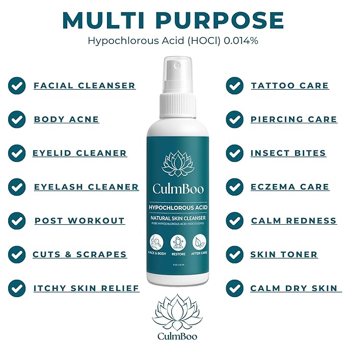 Hypochlorous Acid Spray for Face & Skin - HOCl, Acne Prone Skin, Eczema, Natural Tattoo Aftercare, Piercing Aftercare Spray, Eye Lash Cleanser, Face Mist Toner, Wound Care Cleanser, 8 Fl Oz
