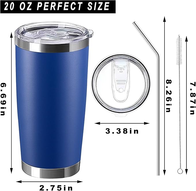 20oz insulted tumblers stainless steel cup Tumbler Bulk with push Lid, and metal straw powder coated coffee cup for cold and hot drinking (48, dark blue)