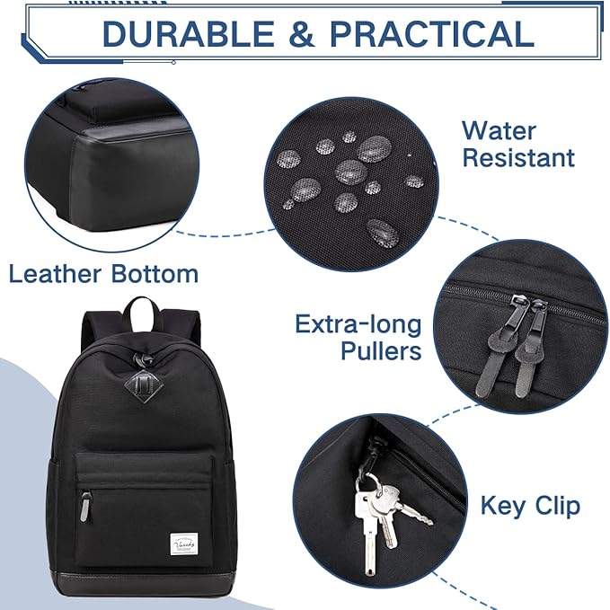 VASCHY Backpack for Men Women, Water-Resistant School Backpack Bookbag Daypack for Teens/College Students Plain Black