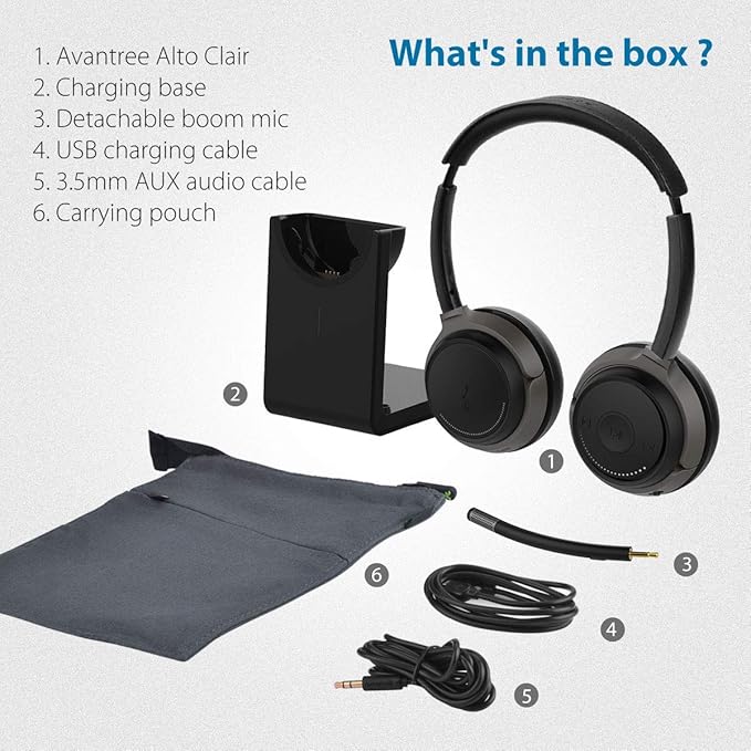 Avantree Alto Clair aptX HD Bluetooth Headset with Microphone, Mute Function, Clear Talking, Hi-Fi Music, Low Latency, Wireless Headphones with Charging Base for Computer, PC, Laptop, Skype, TV