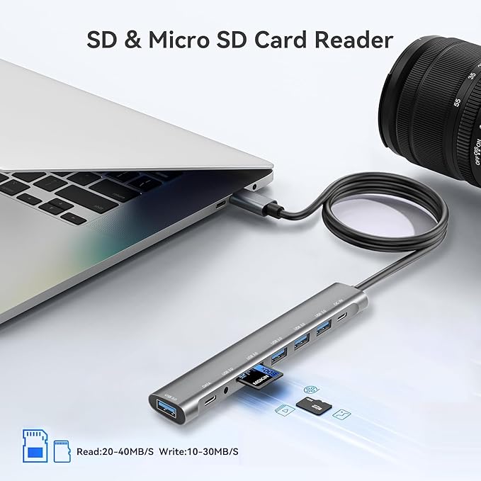 USB Hub Long Cable, 9 Ports USB 3.0 Adapter with 4 USB 3.0 Data Ports,SD/TF Card Slot,3.5mm Jack,USB-C Data,USB Splitter with USB C 5V/3A Power Port, 47IN/120CM Main Cable for Laptop PC