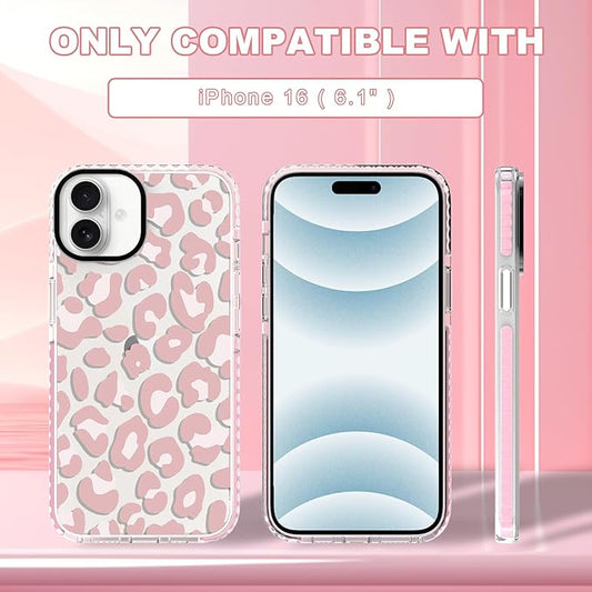 ZIYE Clear Case for iPhone 16 Phone Case Pink Leopard Design Shockproof Soft TPU Bumper Protective for Women Girls Girly Cute Cover
