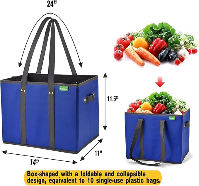 NERUB Reusable Grocery Bags Shopping Bags Grocery Tote Bag with Reinforced Bottom Heavy Duty Handles (Set of 3, Blue/Gray/Wave)